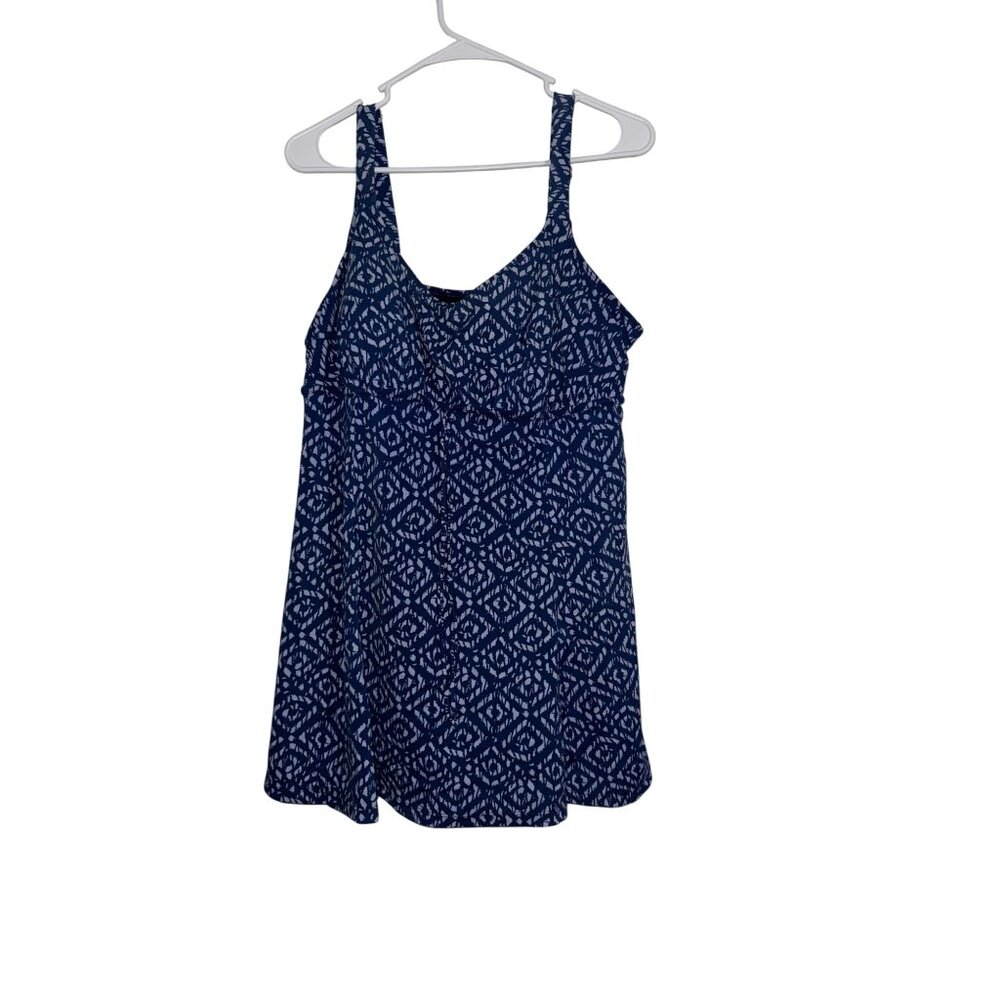 Womens Blue & White Ikat Print Tankini Swim Top With Padded Cups